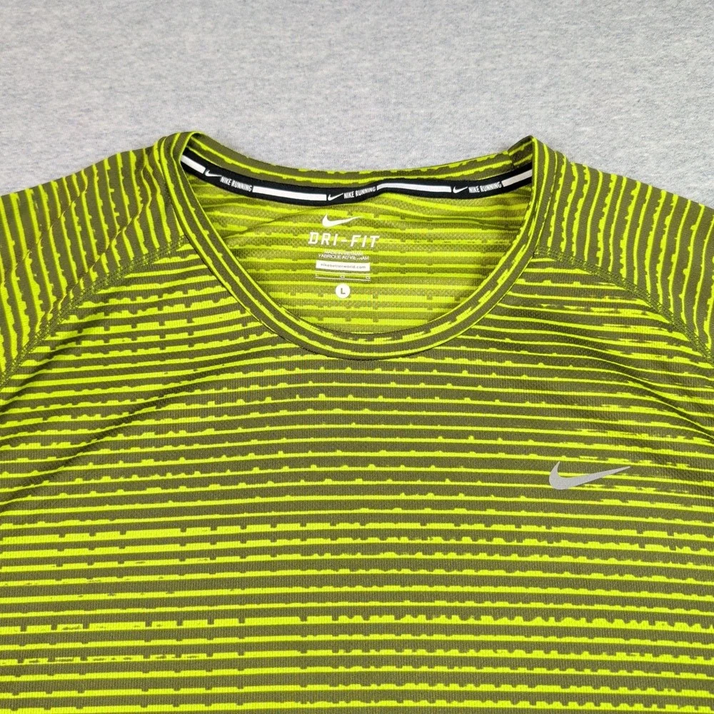 Nike Miler Running Shirt Mens Large Lime Green Striped Dri-FIT 619393-367